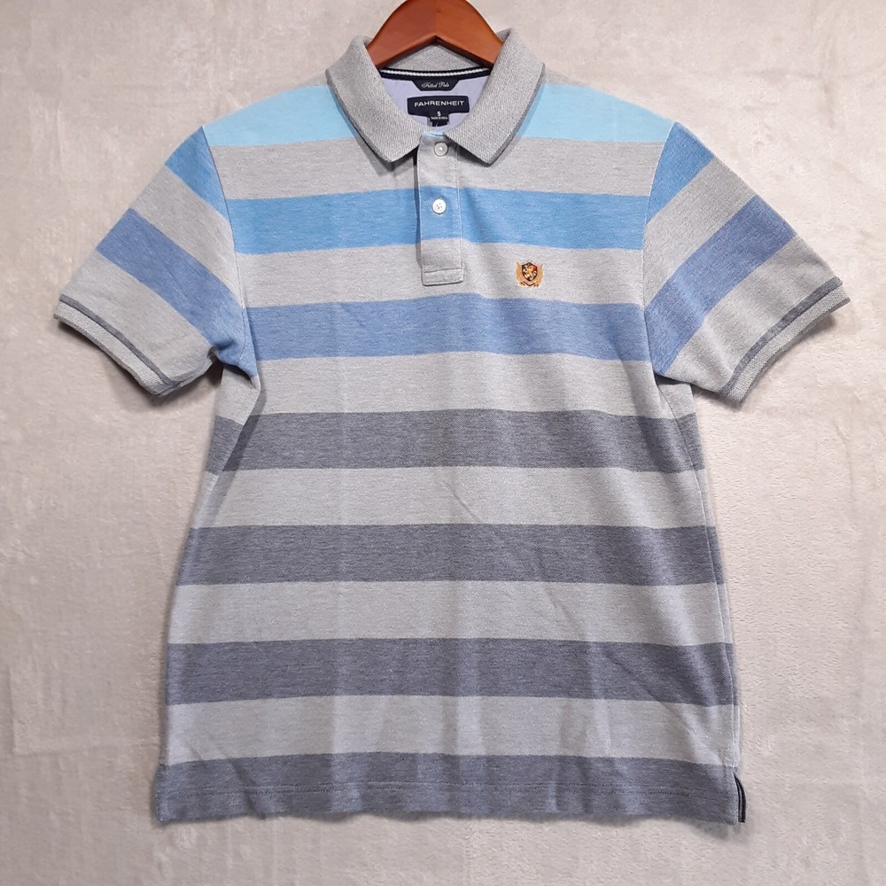 Fahrenheit Mens Fitted Polo Shirt Sz.Small/Gray & Blue Colors Striped